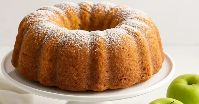 A moist and golden apple bundt cake on a cake stand, topped with powdered sugar, surrounded by fresh green apples – the best apple cake recipe.