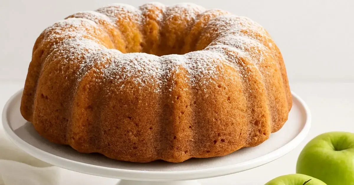 A moist and golden apple bundt cake on a cake stand, topped with powdered sugar, surrounded by fresh green apples – the best apple cake recipe.