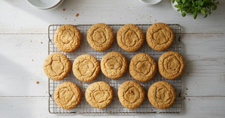 A top-down view of thirteen golden-brown peanut butter protein cookies cooling on a wire rack over a white wooden tabletop.