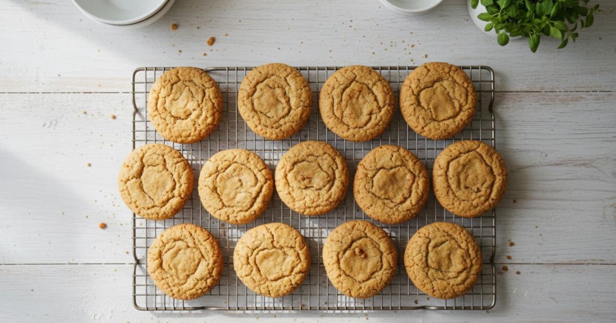 A top-down view of thirteen golden-brown peanut butter protein cookies cooling on a wire rack over a white wooden tabletop.