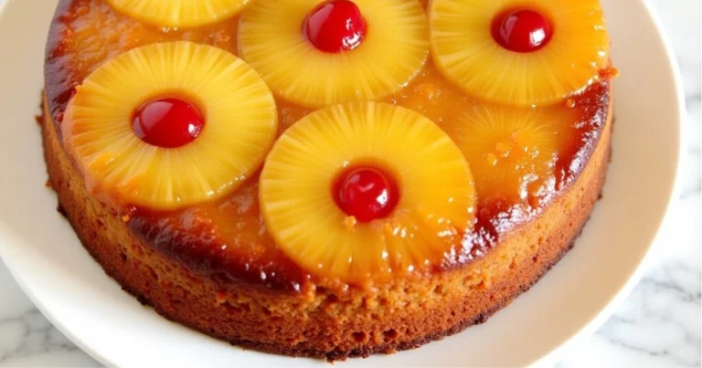 Delicious homemade pineapple upside down cake made with cake mix, topped with caramelized pineapple rings and cherries.