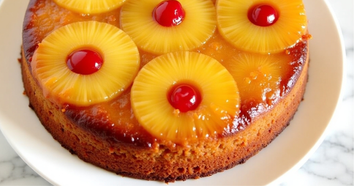 Delicious homemade pineapple upside down cake made with cake mix, topped with caramelized pineapple rings and cherries.