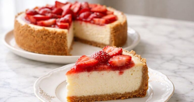 Strawberry cream cheese cake slice with graham cracker crust topped with fresh strawberries on marble surface
