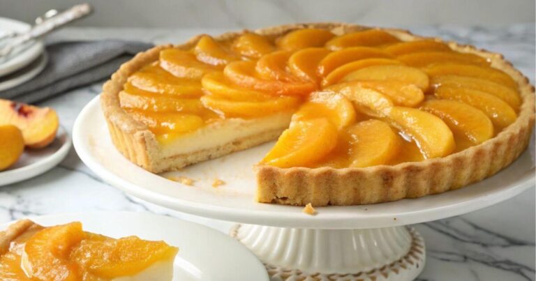 Classic peach tart with golden crust and glossy peach slices on white stand