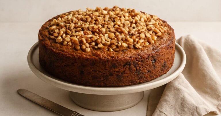 Whole date and walnut cake topped with chopped walnuts, displayed on a ceramic cake stand with a knife and napkin beside it.