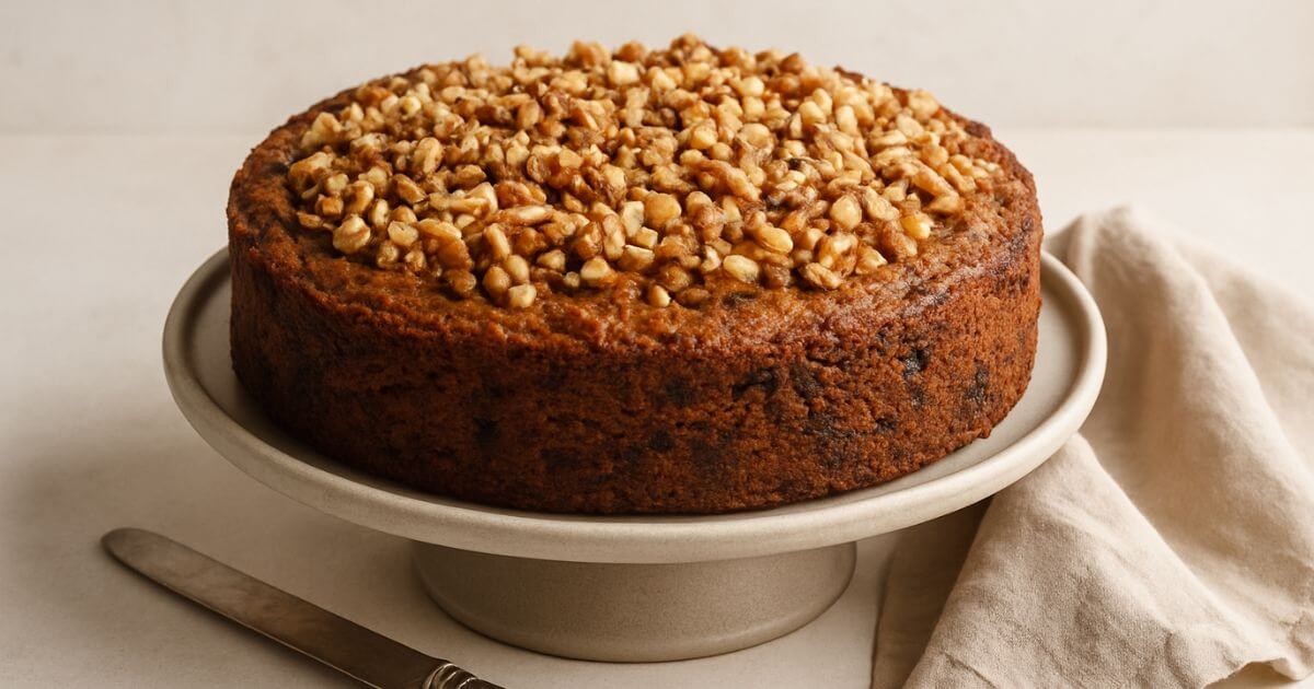Whole date and walnut cake topped with chopped walnuts, displayed on a ceramic cake stand with a knife and napkin beside it.