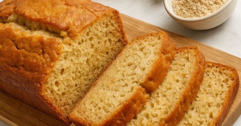 Freshly sliced cake mix banana bread on a wooden board with ripe bananas and cake mix on marble countertop