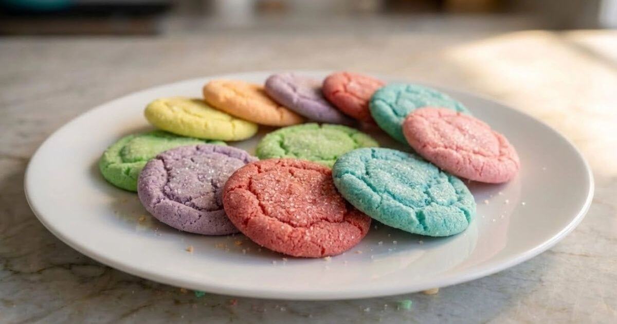 A white plate filled with colorful pastel rainbow sugar cookies topped with sparkling sugar, showing a soft, crinkled texture.