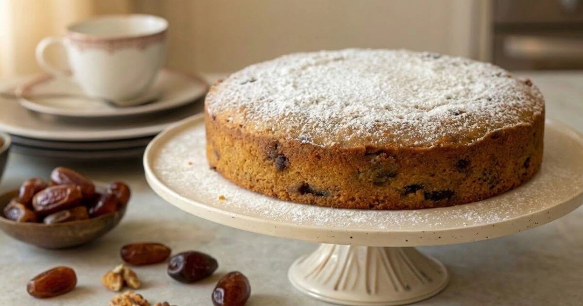 A powdered sugar-topped date cake on a white pedestal stand, surrounded by whole dates on a kitchen counter.