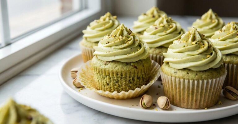 Soft and fluffy pistachio cupcakes topped with creamy pistachio frosting and garnished with chopped pistachios on a white plate.