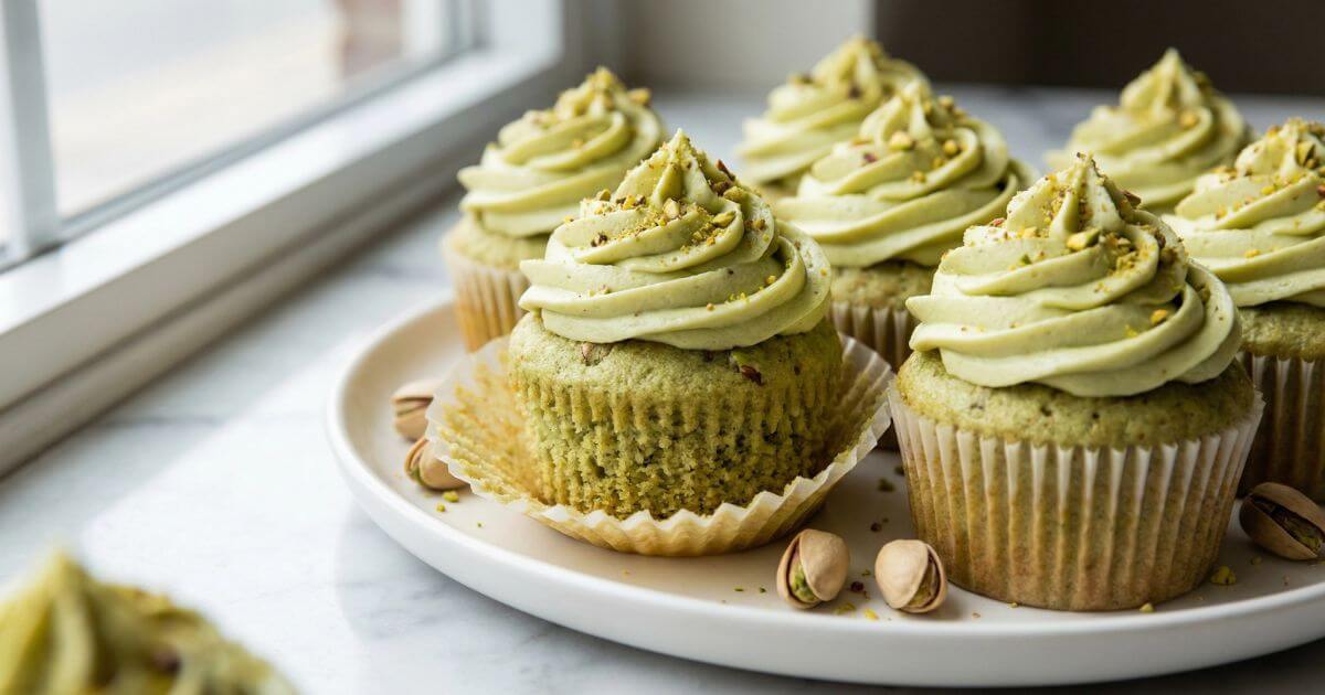 Soft and fluffy pistachio cupcakes topped with creamy pistachio frosting and garnished with chopped pistachios on a white plate.