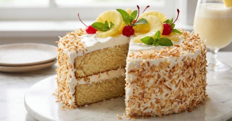 A two-layer Pina Colada Cake covered in white frosting and toasted coconut flakes, topped with pineapple slices, maraschino cherries, and fresh mint, with one slice missing.