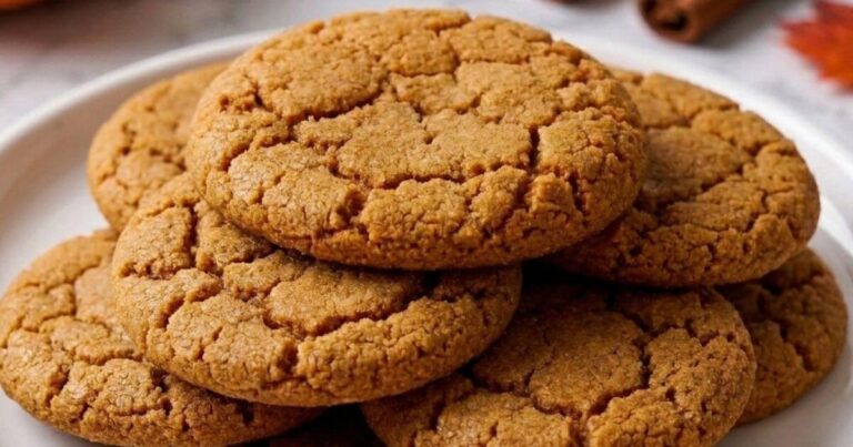 Chewy pumpkin cookies stacked on a modern ceramic plate with soft cracks and golden texture
