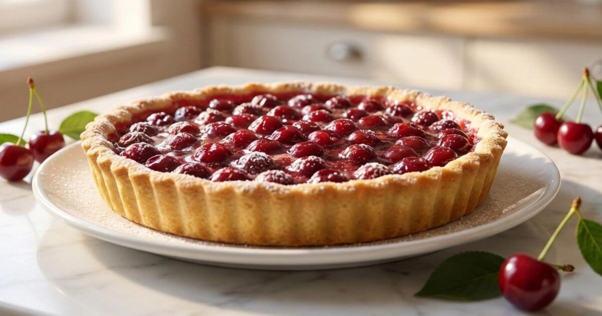 Simple Cherry Tart Recipe with glossy fresh cherries in a golden buttery tart crust on a white plate