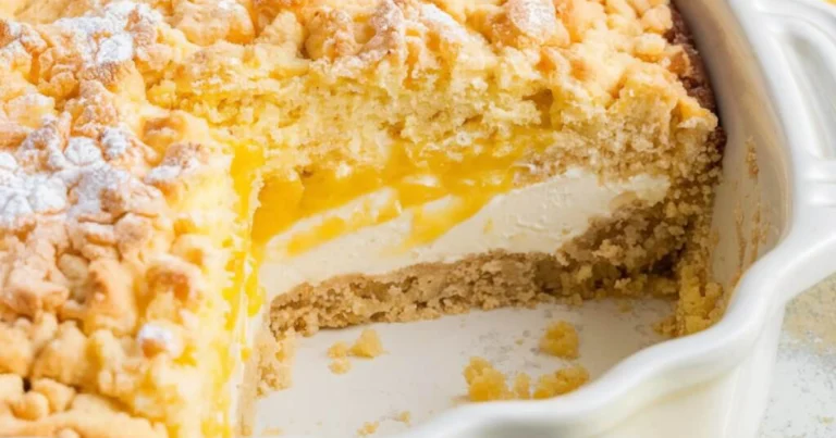 Delicious Lemon Cream Cheese Dump Cake served on a plate with a golden, crumbly topping