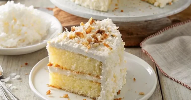 A fluffy, golden coconut cake mix slice with creamy coconut frosting and toasted coconut flakes, layered on a white plate , shredded coconut, . Perfect for easy tropical baking