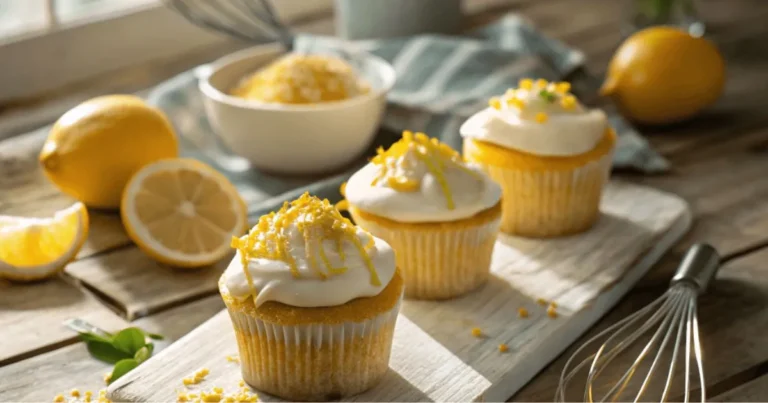 A batch of freshly baked lemon cupcakes with creamy frosting and a zest garnish, displayed on a wooden surface