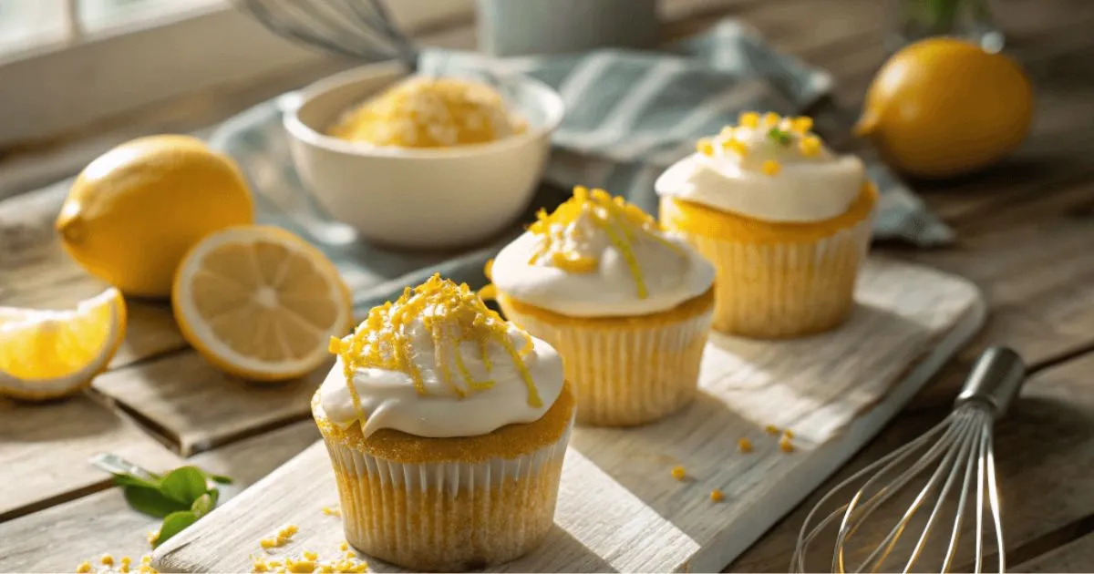 A batch of freshly baked lemon cupcakes with creamy frosting and a zest garnish, displayed on a wooden surface