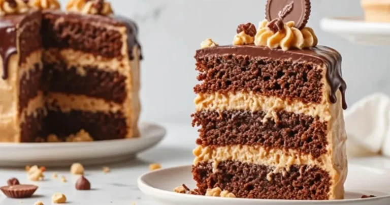 A slice of rich chocolate and peanut butter cake with smooth peanut butter frosting, topped with chocolate ganache, a peanut butter cup, and crushed candy pieces. The full cake is visible in the background on a modern cake stand.