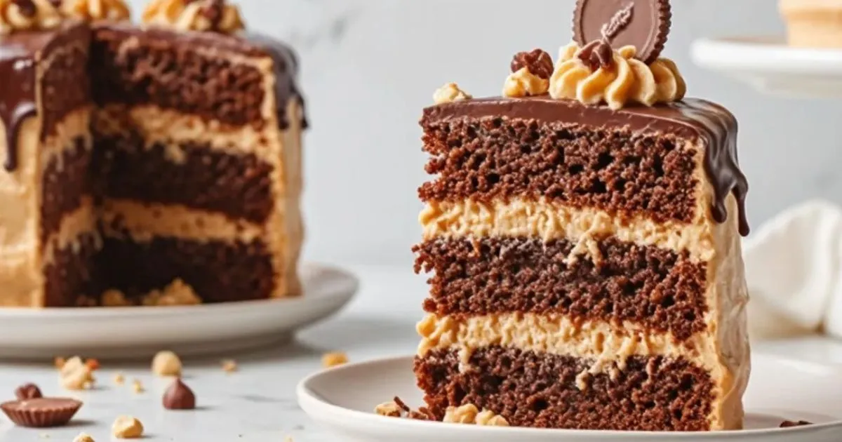 A slice of rich chocolate and peanut butter cake with smooth peanut butter frosting, topped with chocolate ganache, a peanut butter cup, and crushed candy pieces. The full cake is visible in the background on a modern cake stand.