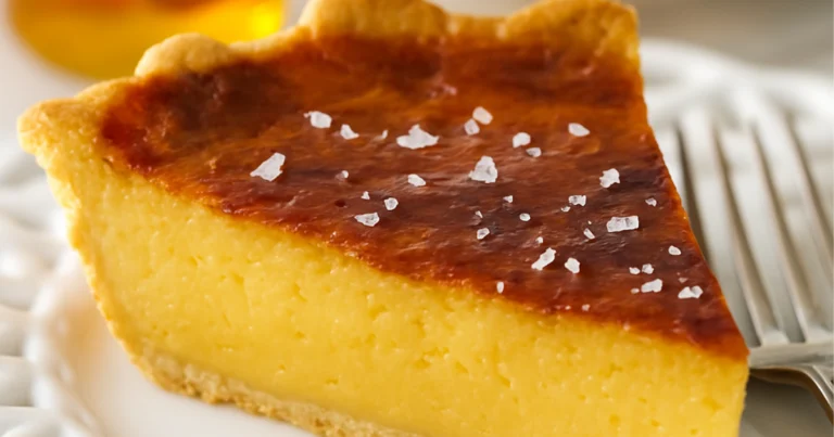 A close-up of a slice of Salted Honey Pie with a golden amber custard filling, flaky crust, and glistening sea salt flakes on top.