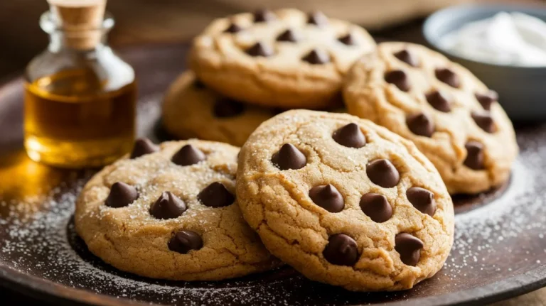 "Golden brown no butter chocolate chip cookies dusted with powdered sugar