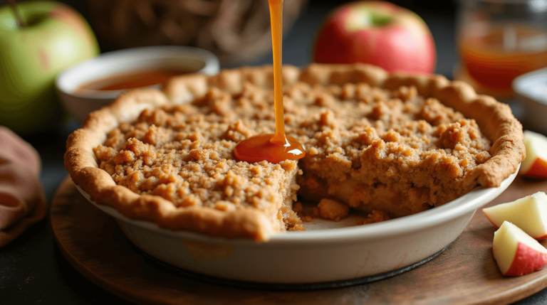 Apple Caramel Pie Crumble with golden topping and drizzled caramel sauce, served warm .