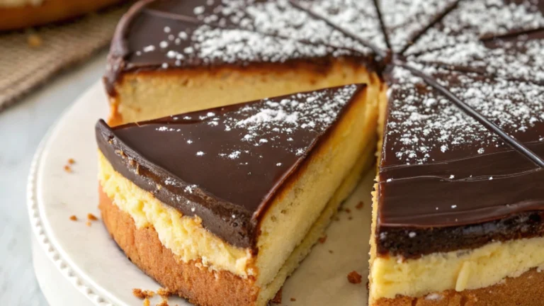 Boston Cream Pie with soft sponge cake layers, creamy vanilla custard filling, and glossy chocolate ganache on top, served on a plate