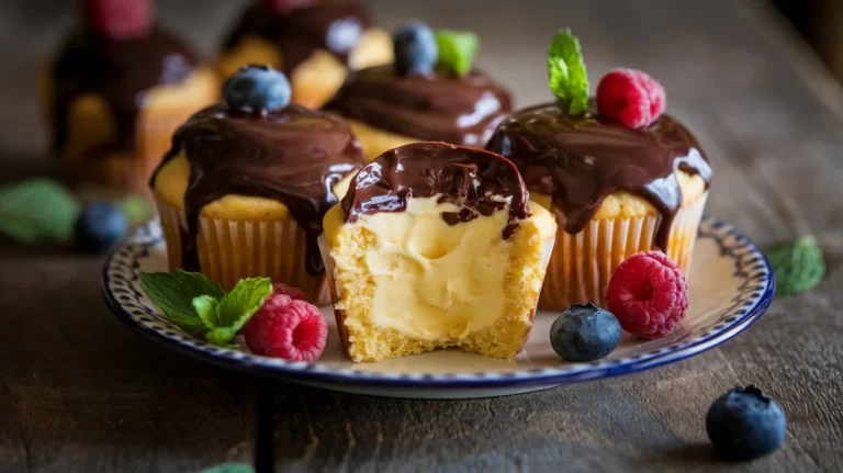 Delicious Boston Cream Pie Cupcakes filled with creamy custard and topped with rich chocolate ganache.
