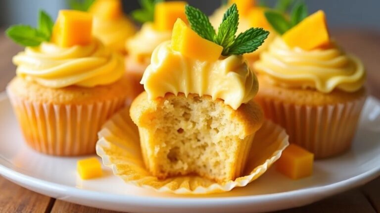 A batch of freshly baked mango cupcakes with creamy frosting, garnished with mango slices and mint leaves.