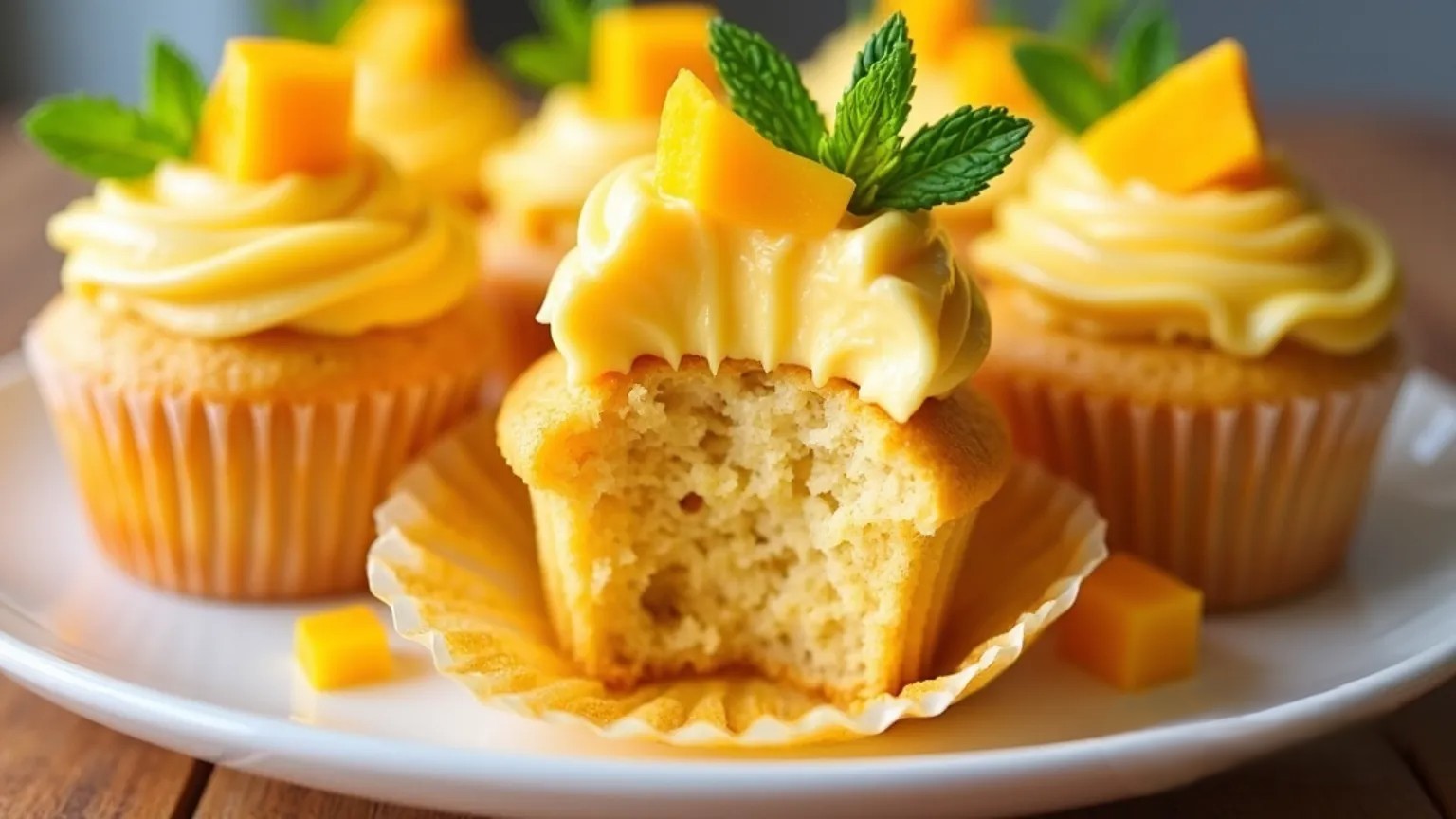 A batch of freshly baked mango cupcakes with creamy frosting, garnished with mango slices and mint leaves.