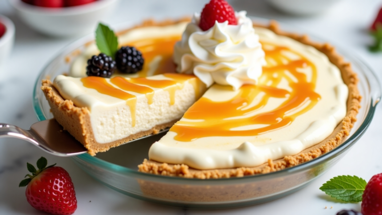Smooth cheesecake filling being poured into a graham cracker crust, followed by a fully prepared no-bake cheesecake pie