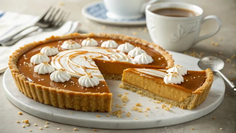 Delicious homemade caramel pie with a golden crust, topped with whipped cream and caramel drizz.