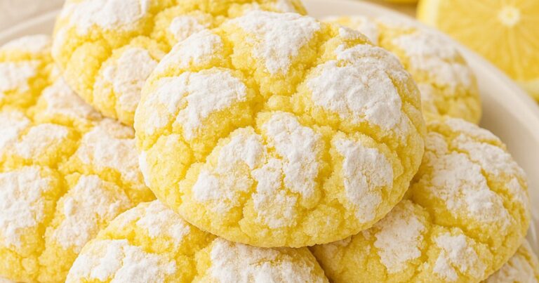 Freshly baked lemon crinkle cookies on a white plate with powdered sugar and lemon slices in the background – Lemon Cake Mix Cookies 5 Easy Steps to Sweet Perfection