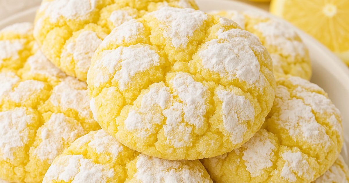 Freshly baked lemon crinkle cookies on a white plate with powdered sugar and lemon slices in the background – Lemon Cake Mix Cookies 5 Easy Steps to Sweet Perfection