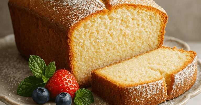 Golden brown pound cake sliced and served on a plate – learn how to bake like a pro with these top pound cake tips