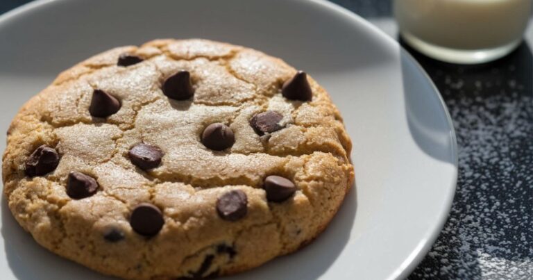 Freshly baked single chocolate chip cookie on a white plate