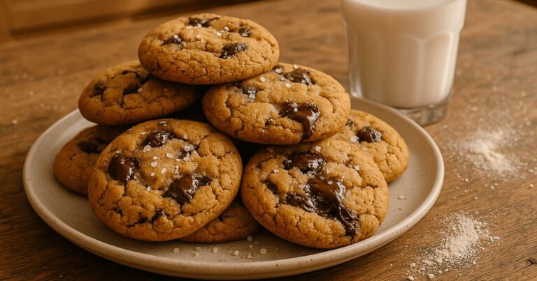 Freshly baked chocolate chip cookies with almond flour on a rustic wooden table, served with a glass of almond milk.
