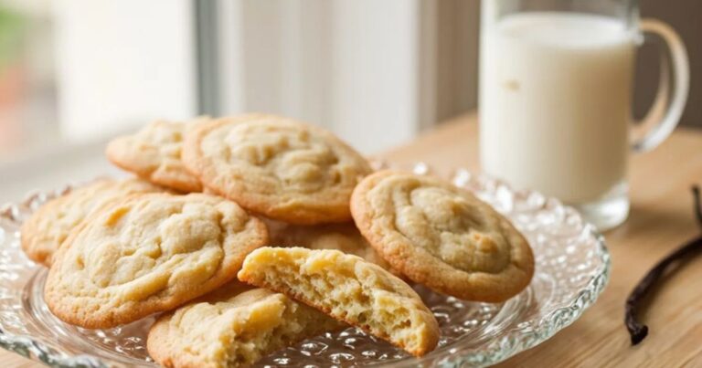 Freshly baked vanilla cookies stacked on a plate, golden and soft – perfect for any occasion.