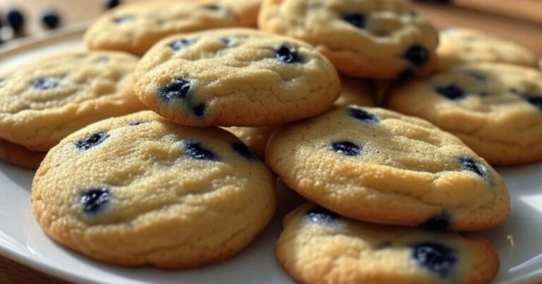 Soft and chewy lemon blueberry cookies with fresh blueberries and lemon zest on a white plate