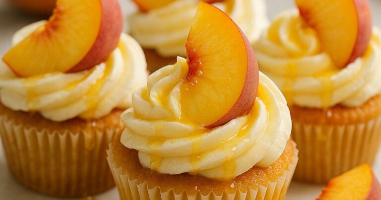 Honey Peach Cream Cheese Cupcake with smooth frosting, honey drizzle, and peach slice on a white plate.