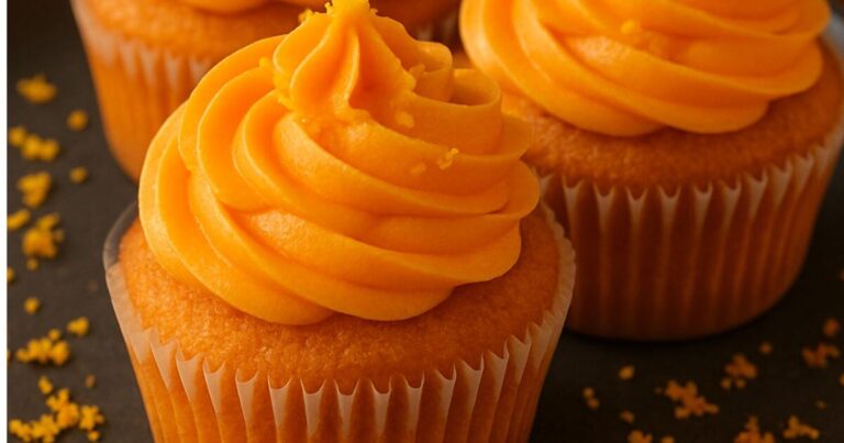 Perfectly moist orange cupcakes topped with creamy frosting, ready to serve