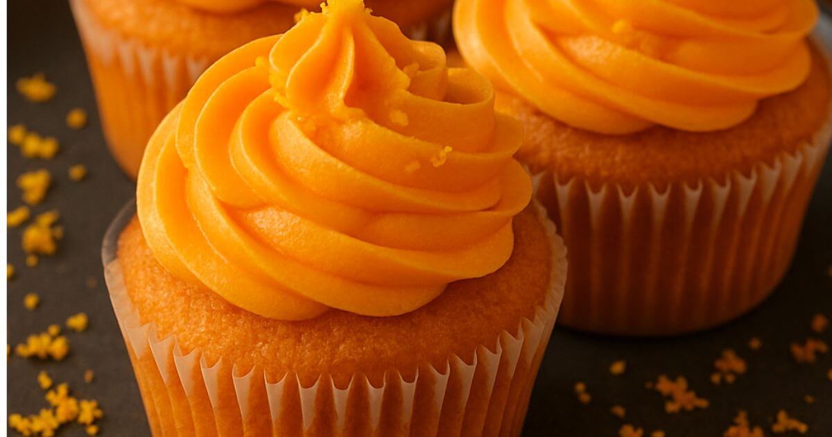 Perfectly moist orange cupcakes topped with creamy frosting, ready to serve