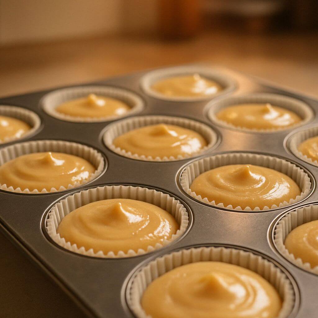 Divide the batter evenly among the 12 liners