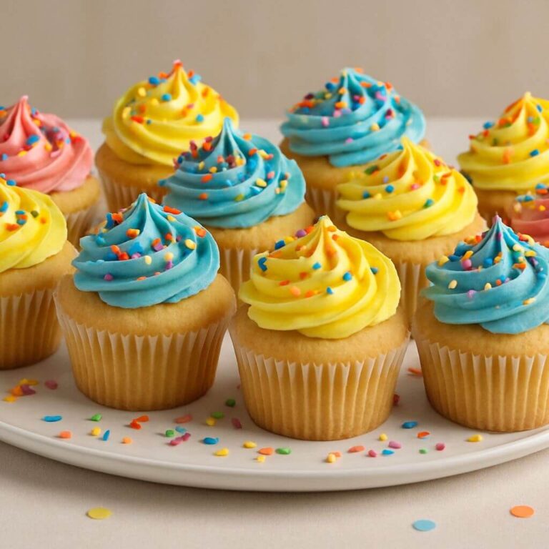 Colorful birthday cupcakes with frosting and sprinkles arranged on a white plate.