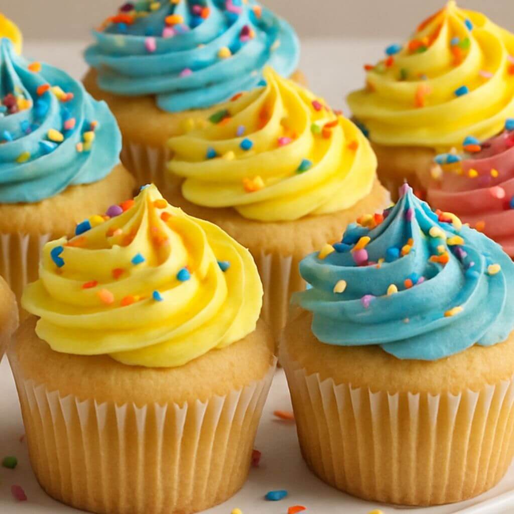 Colorful birthday cupcakes with frosting and sprinkles