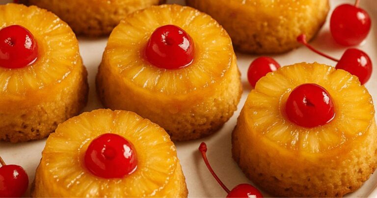 Pineapple upside-down cupcakes topped with caramelized pineapple rings and cherries, freshly baked and served on a plat
