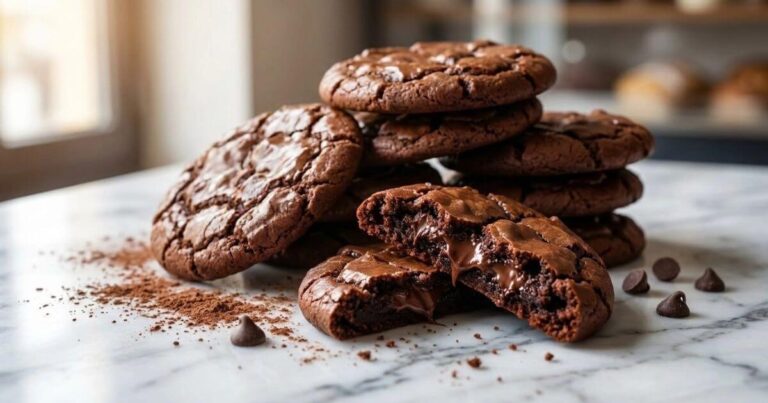 brownie mix cookies with melty chocolate chips on a marble surface.