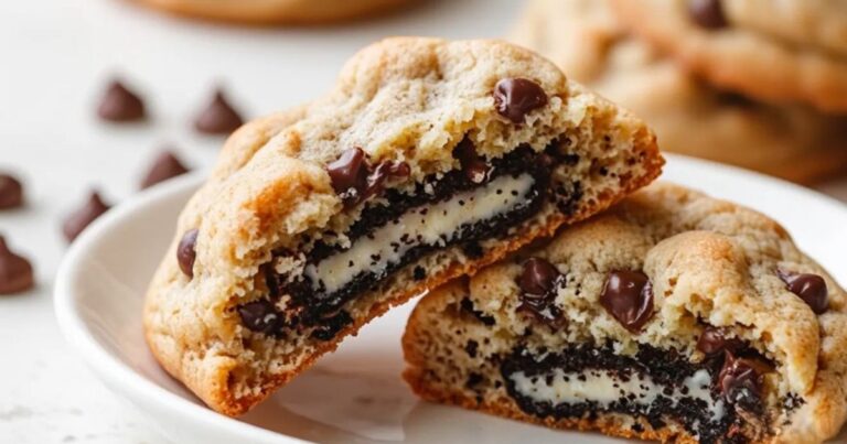 Close-up of gooey Oreo stuffed chocolate chip cookies stacked on a plate