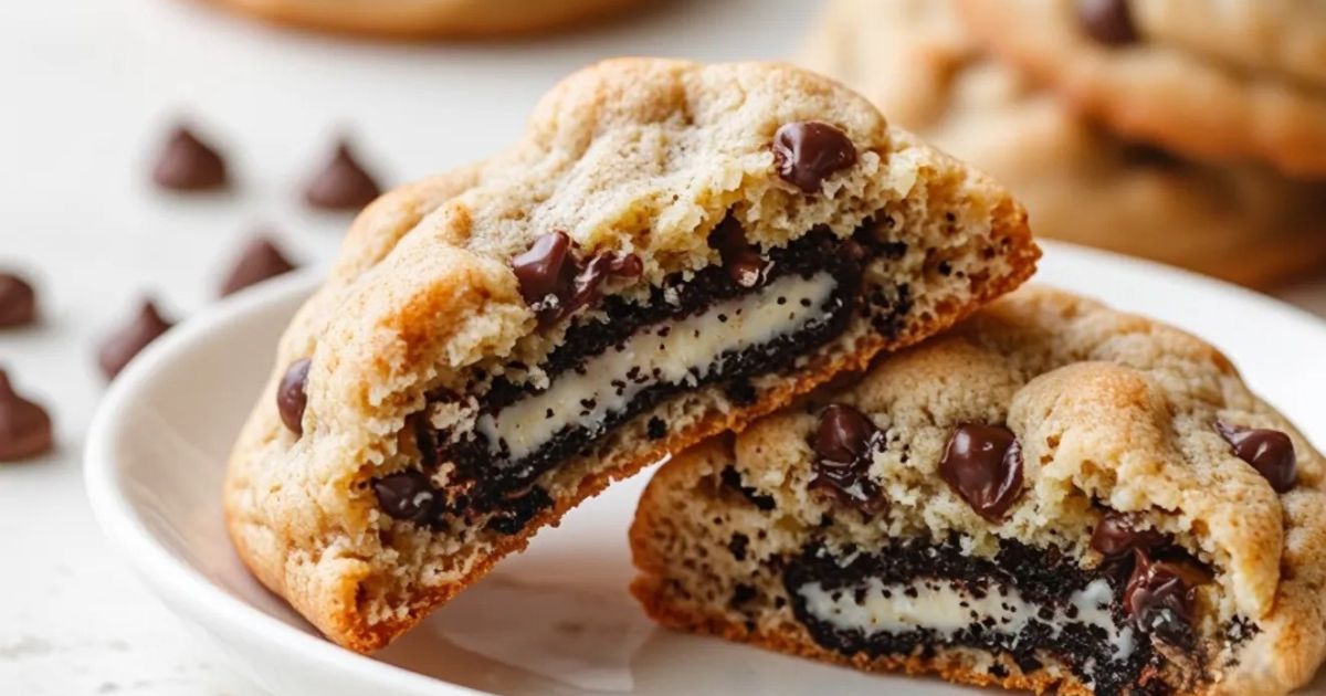 Close-up of gooey Oreo stuffed chocolate chip cookies stacked on a plate
